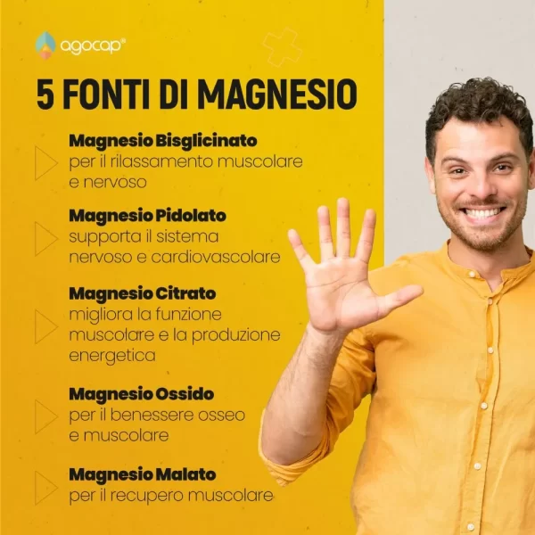 Integratore alimentare a base di magnesio da 5 fonti per il supporto di muscoli, nervi ed energia - Agocap